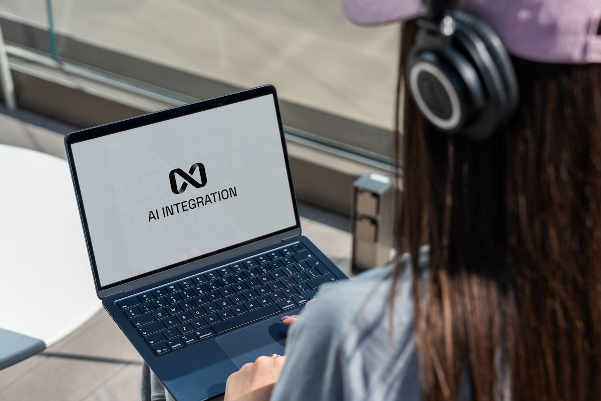 Person using laptop with ai integration logo displayed.